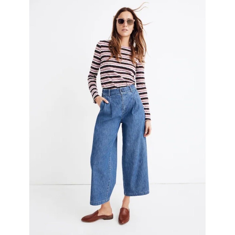 Madewell Pleated Wide Leg Crop Jeans in Willowdale Medium Wash SZ 10 30